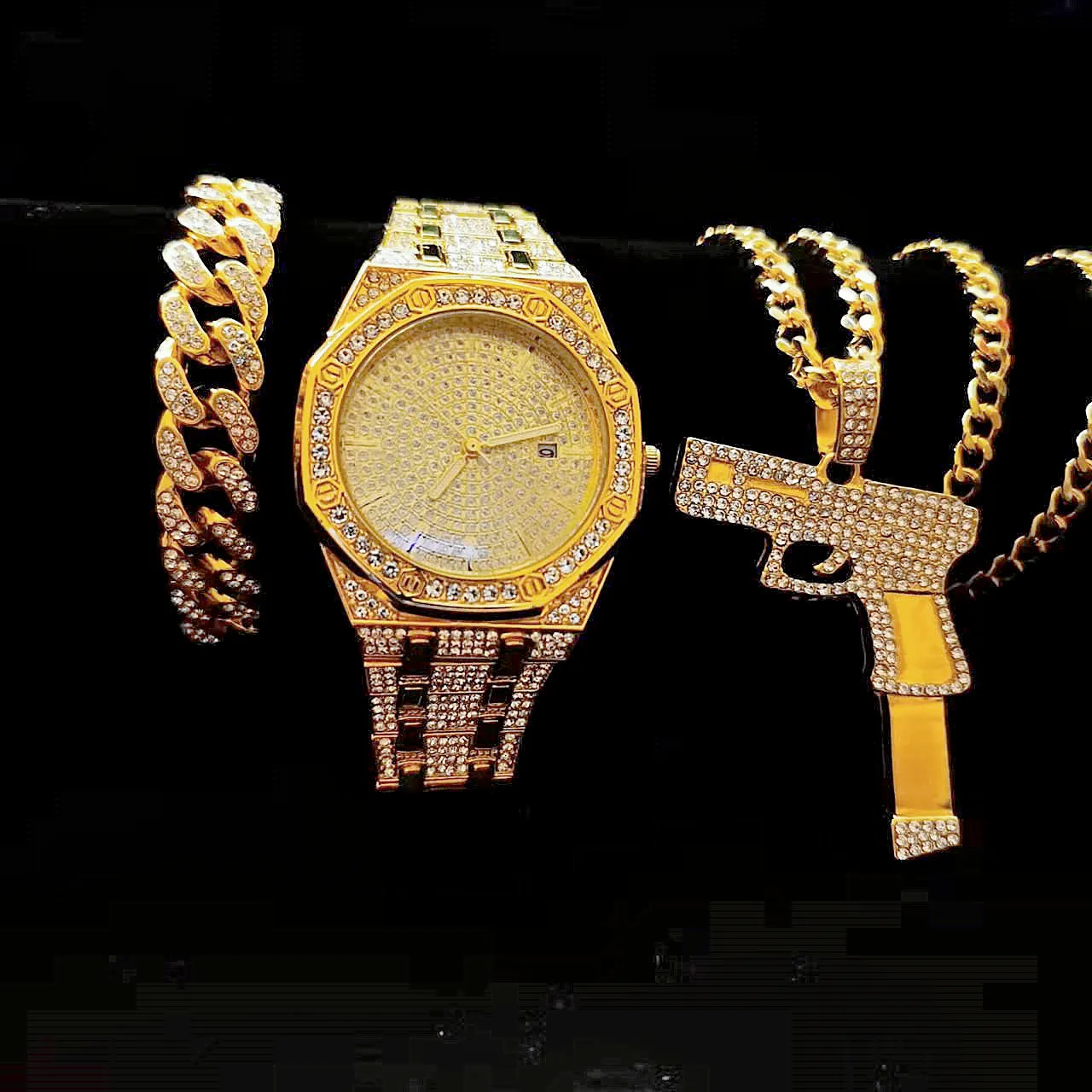 3pcs Iced Out Watch Necklace Bracelet for Men Luxury Diamond Gold Watch Men Bling Hip Hop Handgun Shooter Pendant Chains Jewelry
