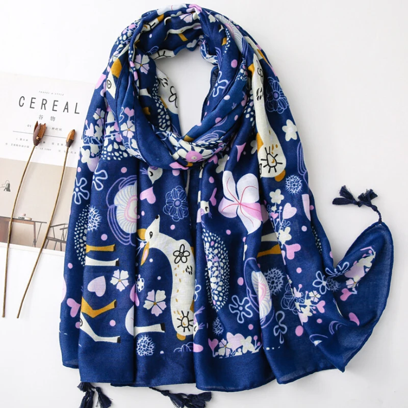 

2020 Women Autumn Fashion Floral Tassel Viscose Scarf Luxury Brand Print Pashmina Shawl Foulard Muslim Hijab Caps Blue Scarves