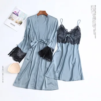 

Lady 2PCS Robe Suit Kimono Bathrobe Gown Lace Satin Sleepwear Nightdress Sexy Nightwear Intimate Lingerie Silky Home Clothes