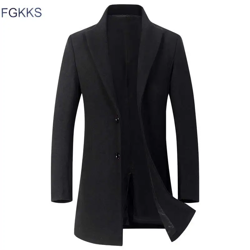 FGKKS Брендовое мужское зимнее шерстяное пальто Мужская Новая мода теплое толстое облегающее шерстяное пальто Fit сплошной цвет мужской Тренч