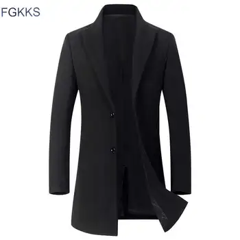 

FGKKS Brand Men Winter Wool Blend Coat Men's New Fashion Warm Thick Woolen Coat Slim Fit Solid Color Male Trench Coat