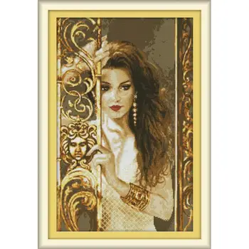 

Joy Sunday New Cross Stitch Kit Woman Behind The Railing Needlework 11&14CTDIY Easy Handmade Embroidery Kit Wall Painting & Gift
