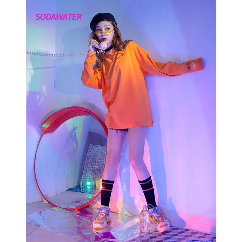 Sodaводяная футболка с длинным рукавом для девочек Женская Harajuku Хип-хоп сплошная Футболка женская воротник-стойка с вышивкой хлопковые Осенние Топы 8702W