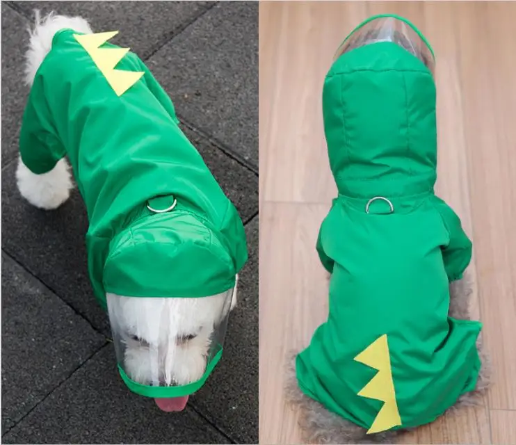 Green dinosaur Дождевик для собак, все включено, мультфильм, водонепроницаемый, плюшевый, четыре ноги, пончо, дождевик для собак, для маленьких собак, щенков, осень и зима - Цвет: Green dinosaur