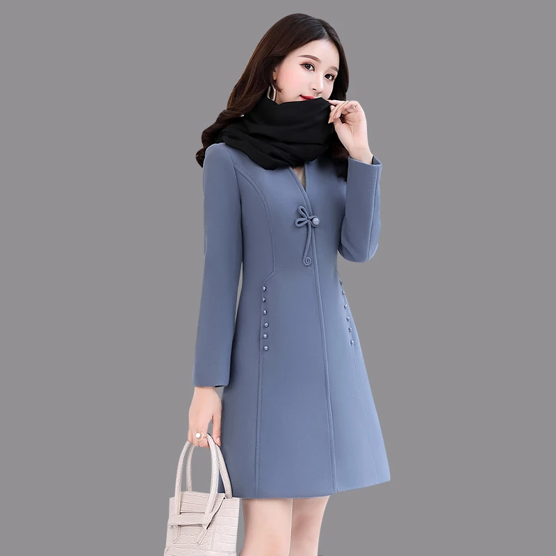 Smoky blue Шерстяное Женское пальто средней длины, осень, популярная новая мода, большой размер, тонкое, темпераментное зимнее шерстяное пальто, женская одежда - Цвет: Smoky blue