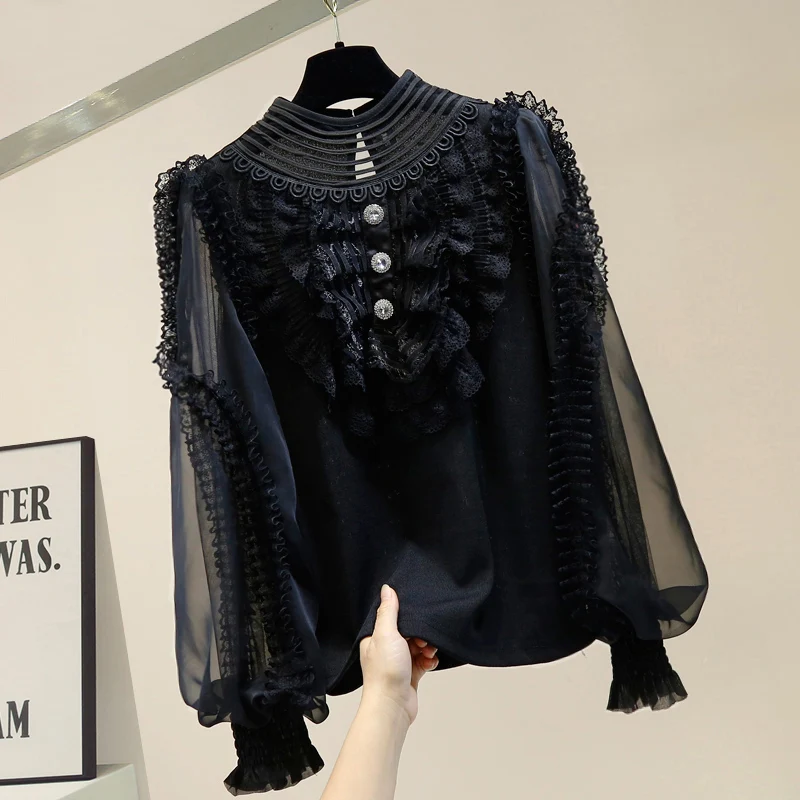 

Retro Palace Style Ruffle Shirt Women Lace Panel Knit Lantern Sleeves Elastic Knitted Blouse Female Temperament Top Tops