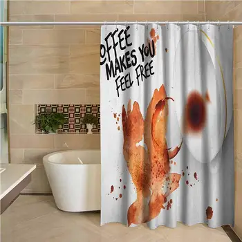

Coffee Art Waterproof and Colorful Shower Curtain Coffee Makes You Feel Free Theme with Abstract Bird Silhouette Polyester