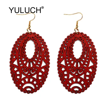 

YULUCH Vintage Earrings Fashion jewelry Ethnic African Indian Red Hollow Wooden Long Statement Earrings For Women Wedding Party