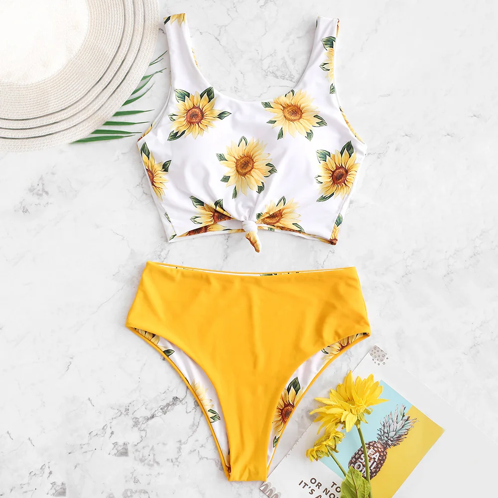 ZAFUL Sunflower Knot Reversible High Waisted Tankini Swimsuit Women Scoop Neck Crop Top Swimwear Summer Fashion Bathing Suits ZAFUL Sunflower Knot Reversible High Waisted Tankini Swimsuit Women Scoop Neck Crop Top Swimwear Summer Fashion Bathing Suits