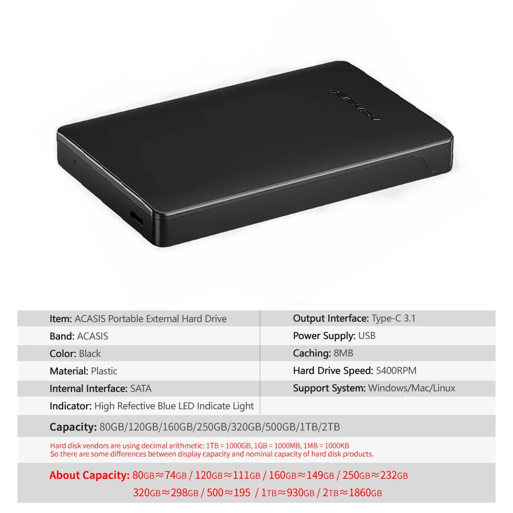 Внешний жесткий диск ACASIS 1 ТБ Type C 3 750 Гб 500 320 ГБ 250 160 120 внешний для ПК/Mac|Внешние