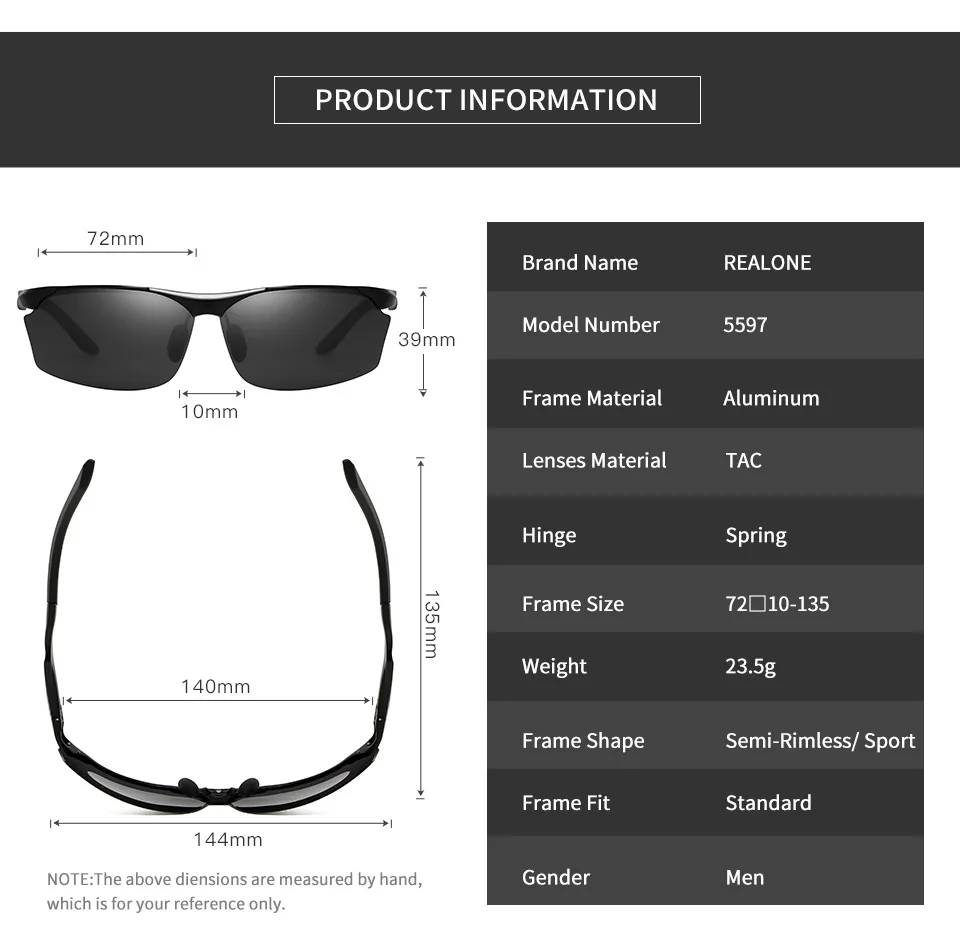 Mens Aluminum Semi-Rimless Sunglasses with Polaroid UV400 Protection Sports Sun Glasses for Men Driving Polarized Sunglass 5597