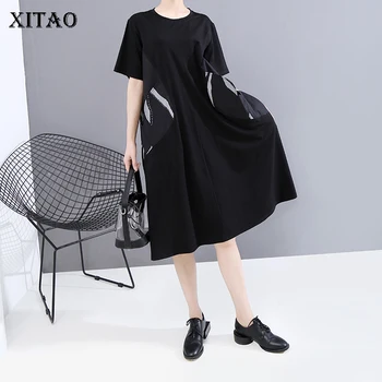 

XITAO Plus Size Black Pleated Dress Fashion New Pullover Patchwork Goddess Fan Minority Style Casual Style Loose Dress GCC3493