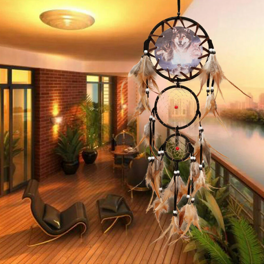 Коричневый большой обруч настенное украшение ручной работы с перьями висящий