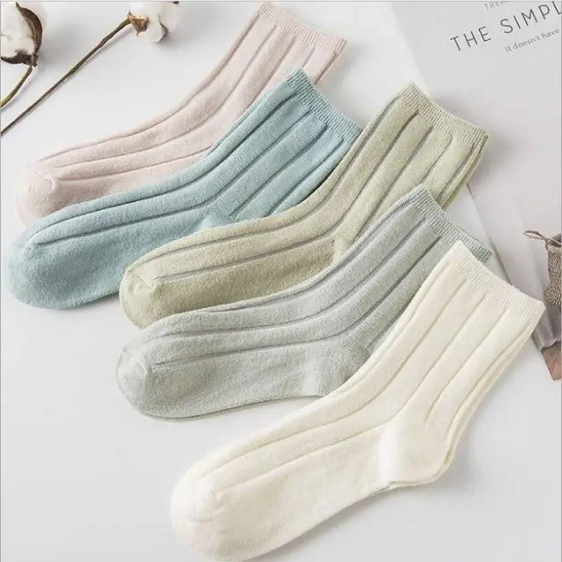 Женские одноцветные хлопковые носки, яркие цвета, широкие носки в рубчик, розовые носки для девочек, синие носки, цвета слоновой кости, короткие носки, 5 пар/лот