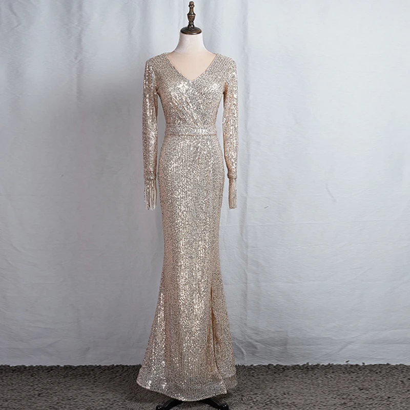 champagne gold Это YiiYa официальное платье с v-образным вырезом длиной до пола, расшитое блестками платье русалки De Soiree K059 размера плюс с длинным рукавом, женские вечерние платья - Цвет: champagne gold
