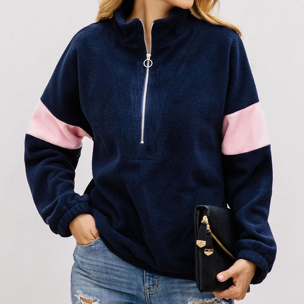 

Fashion Patchwork Hoodie Women 2019 Winter Thick Warm Loose Pullover Sweatshirt Autumn Designer Blue Causal Fleece Hoody Tops