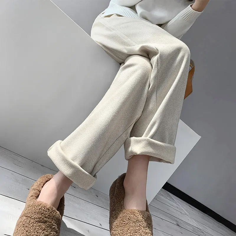 Apricot Pants Women RICININA/трикотажные женские брюки с высокой талией, однотонные офисные женские брюки размера плюс, повседневные женские широкие брюки, уличная одежда - Цвет: Apricot Pants Women