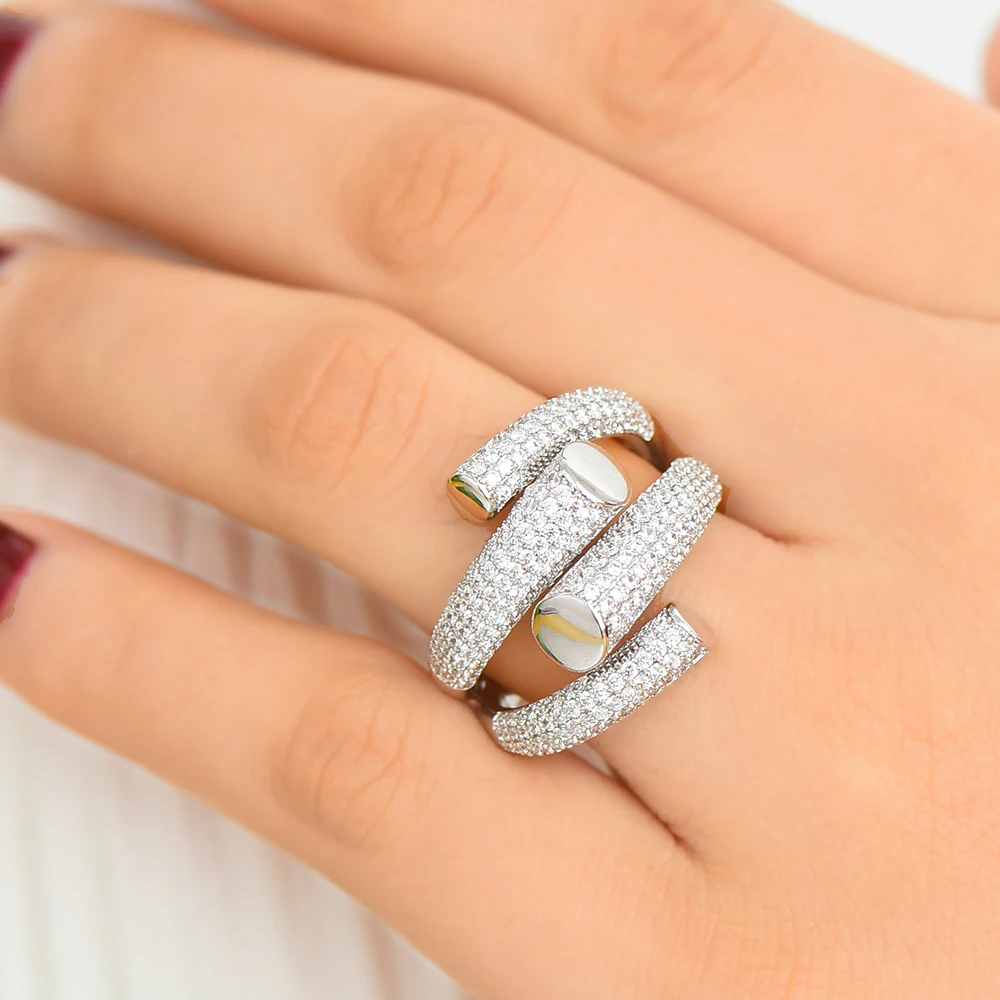 missvikki Luxury DUBAI Punk Silver Fingers Rings Full Cubic Zironium for Women Bridal Wedding Party Shiny Finger Jewelry |