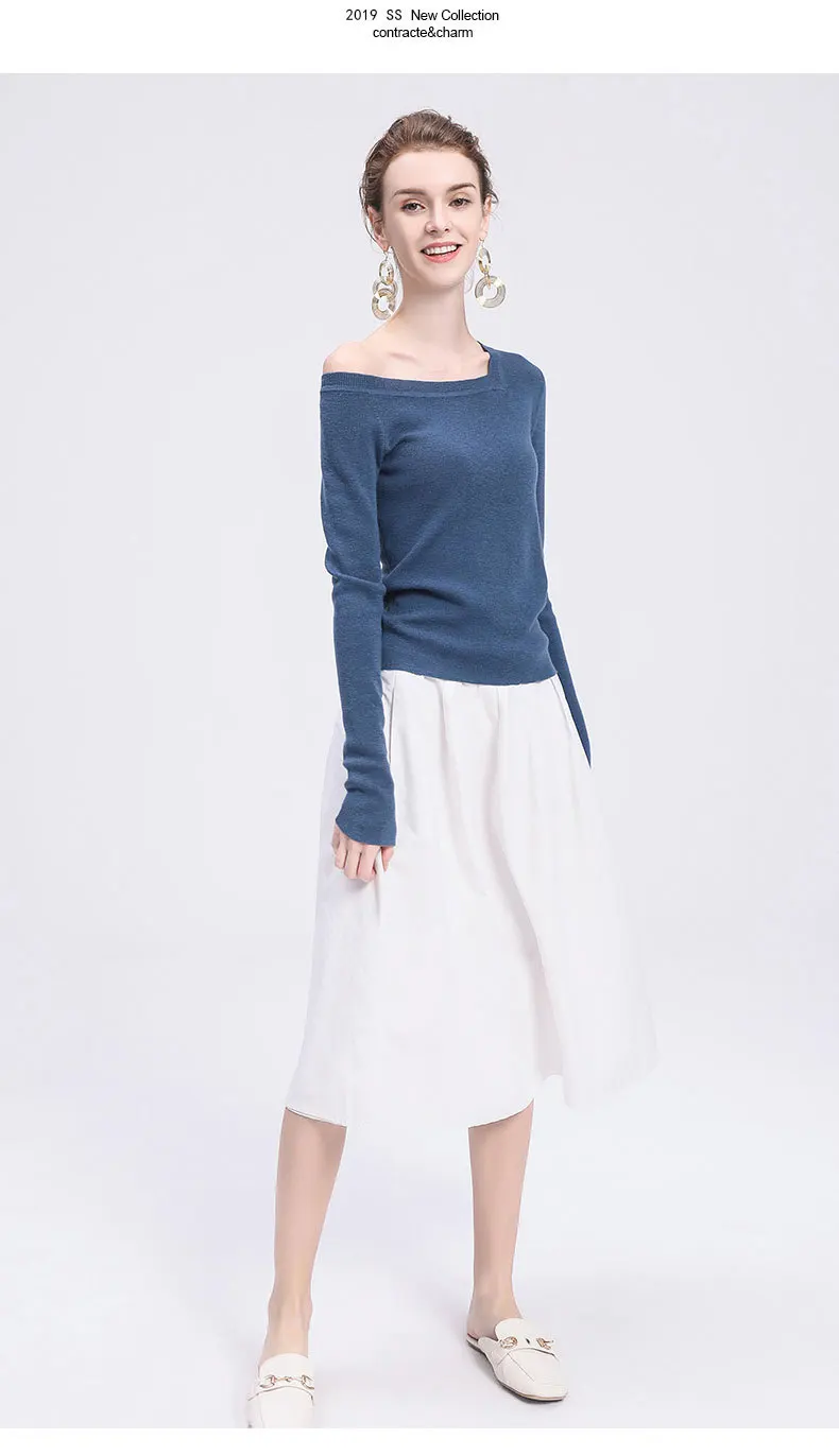 LZJN 2019 Women Sweater Long Sleeve Shirt Women Casual Office Top Sexy V-Neck Off Shoulder Pullover Sweater Loose Knit Jumper (11)