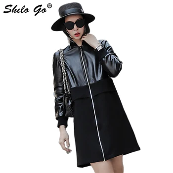 

Genuine Leather Trench Black Minimalist Cut-and-Sew Zip Long Coat Women Autumn Casual Long Sleeve Solid Pocket A Line Outwear