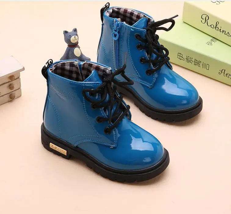 New Children Martin Boots Waterproof PU Leather Children Snow Boots Plush Kids Rubber Boots Fashion Girls Sneakers