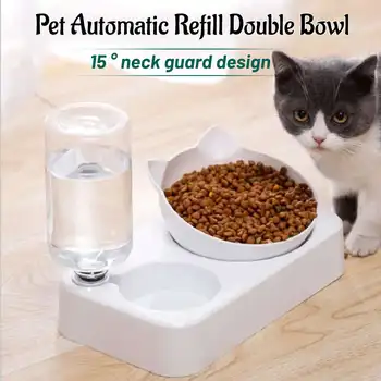 

Pet Automatic Refill Double Cat Bowl 15°Tilt Food Drink Bowl Dispenser Cat Feeder Neck Protection Pet Supplies for Dogs Cats