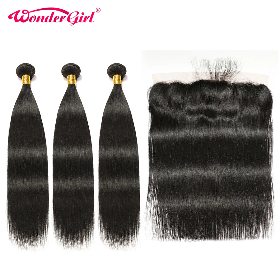 

13x4 Ear To Ear Lace Frontal Closure With Bundles Brazilian Straight Hair 3 Bundles With Frontal non Remy Human Hair Wonder girl