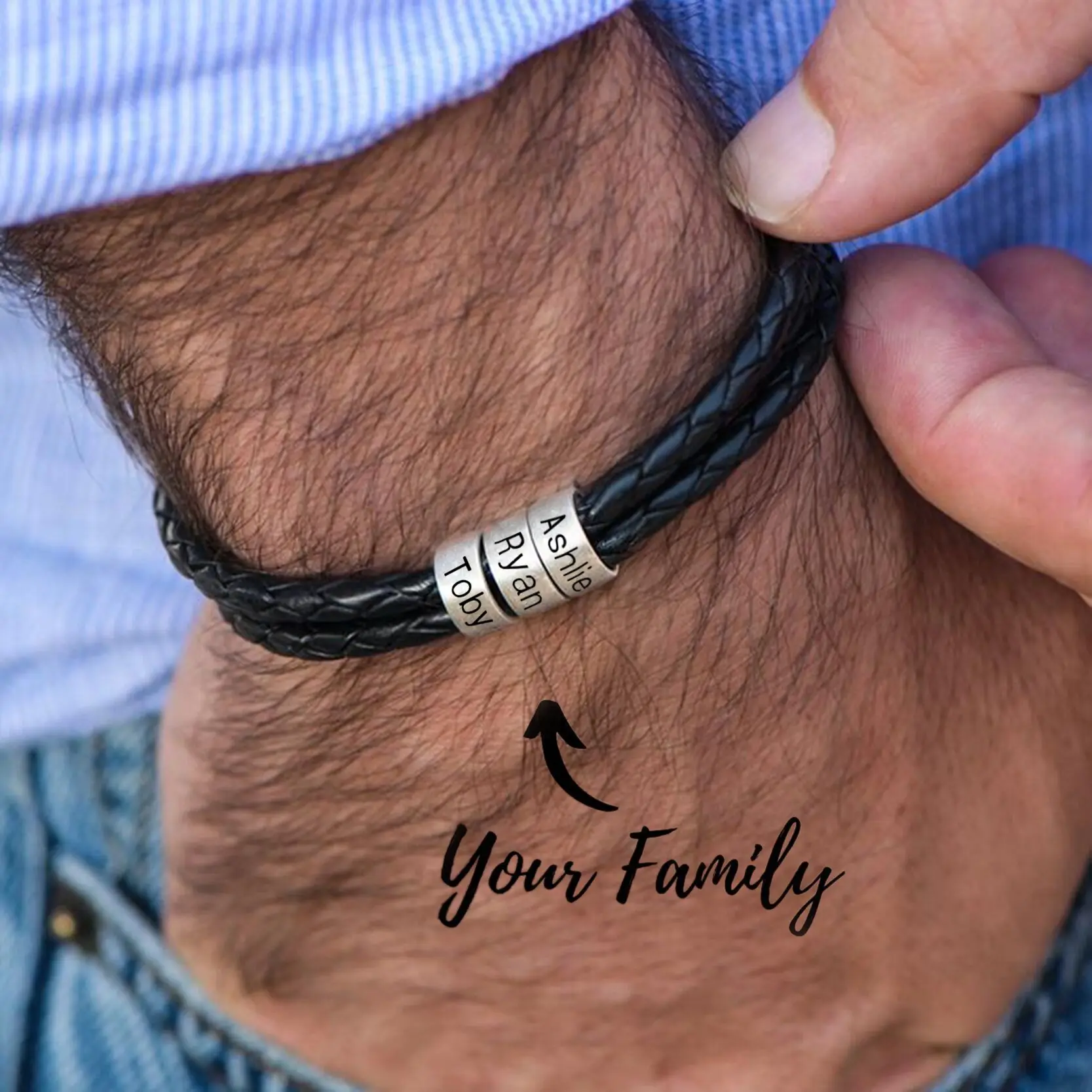 Personalized Mens Braided Genuine Leather Bracelet Stainless Steel Custom Beads Name Charm Bracelet for Men with Family Names