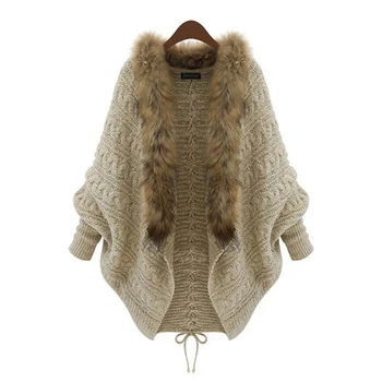 

Women Fur collar bat sleeve knit cardigan sweater female shawl coat Winter Warm loose sweater For Women Fashion Shawl Style Coat