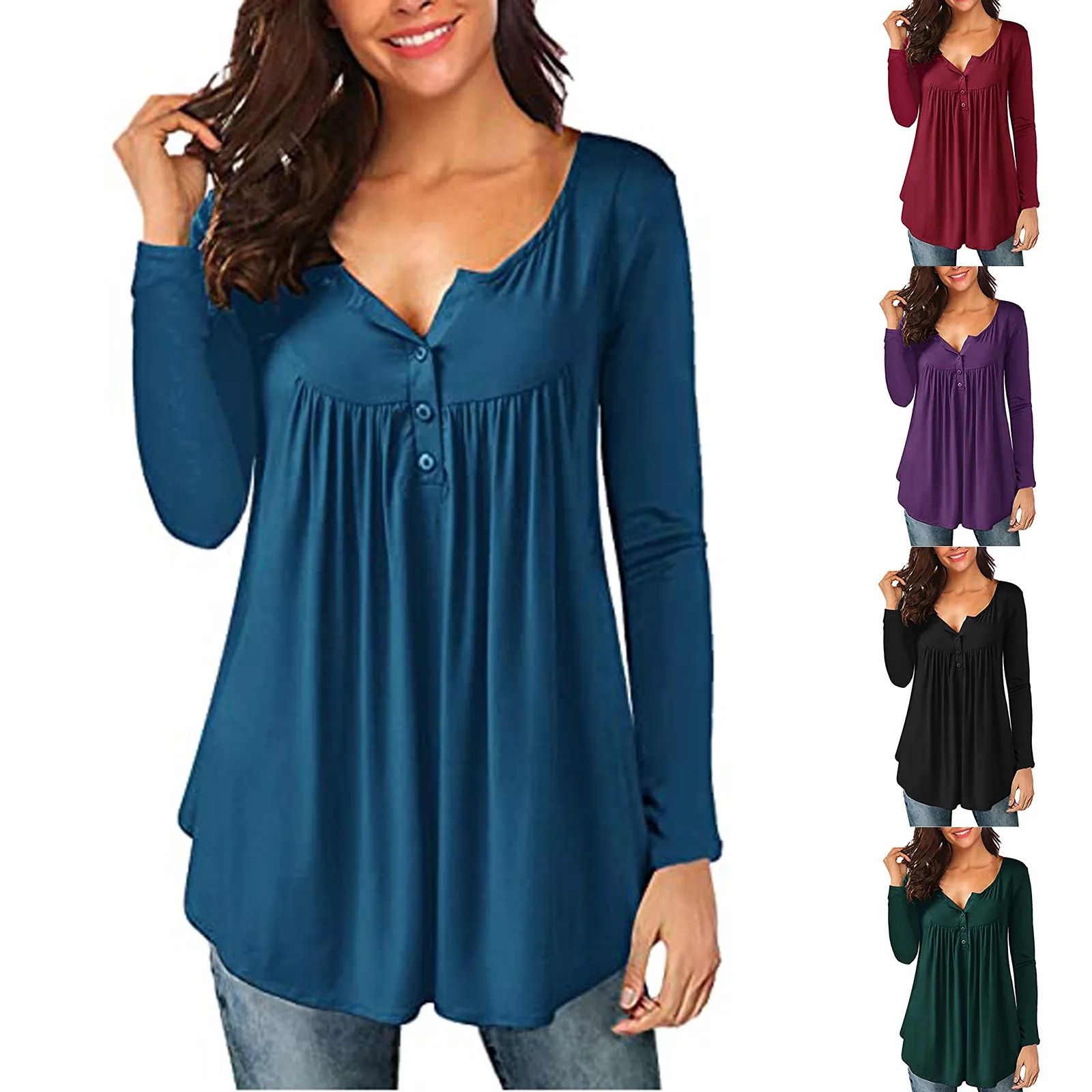 Túnica de talla grande con botones para Mujer, Top liso con cuello en V, blusas plisadas de manga larga a la moda, Ropa informal de primavera