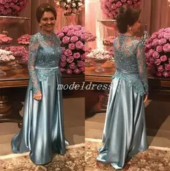 Long Sleeve Sweep Train Appliques Long Formal Women Mother Wedding Prom Party Gowns 2018 Gray Mother Of The Bride Dresses