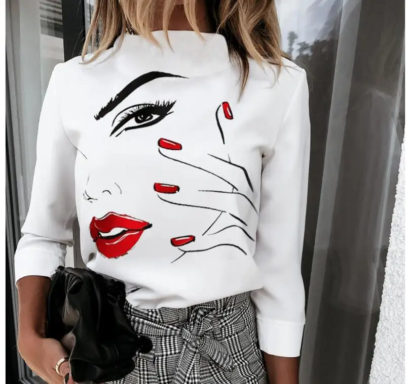Женская новая блузка с принтом губ рубашки 2020 элегантный женский пуловер круглым