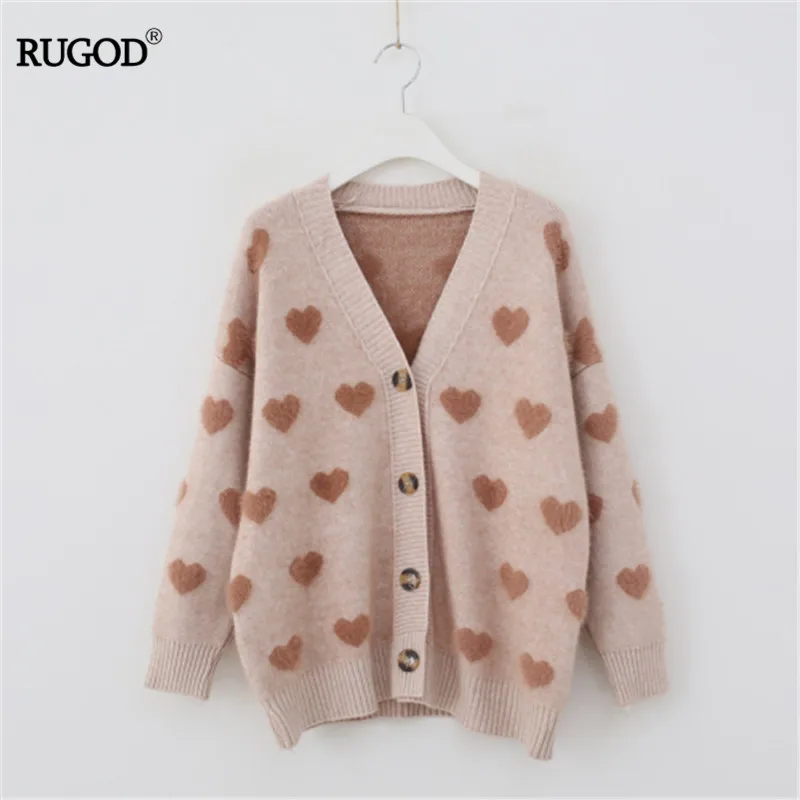 

RUGOD V-neck Sweater Geometric Love Heart Single Breassted Cardigans Sweet Gril Modis Casual Pull Femme Hiver 2019 new