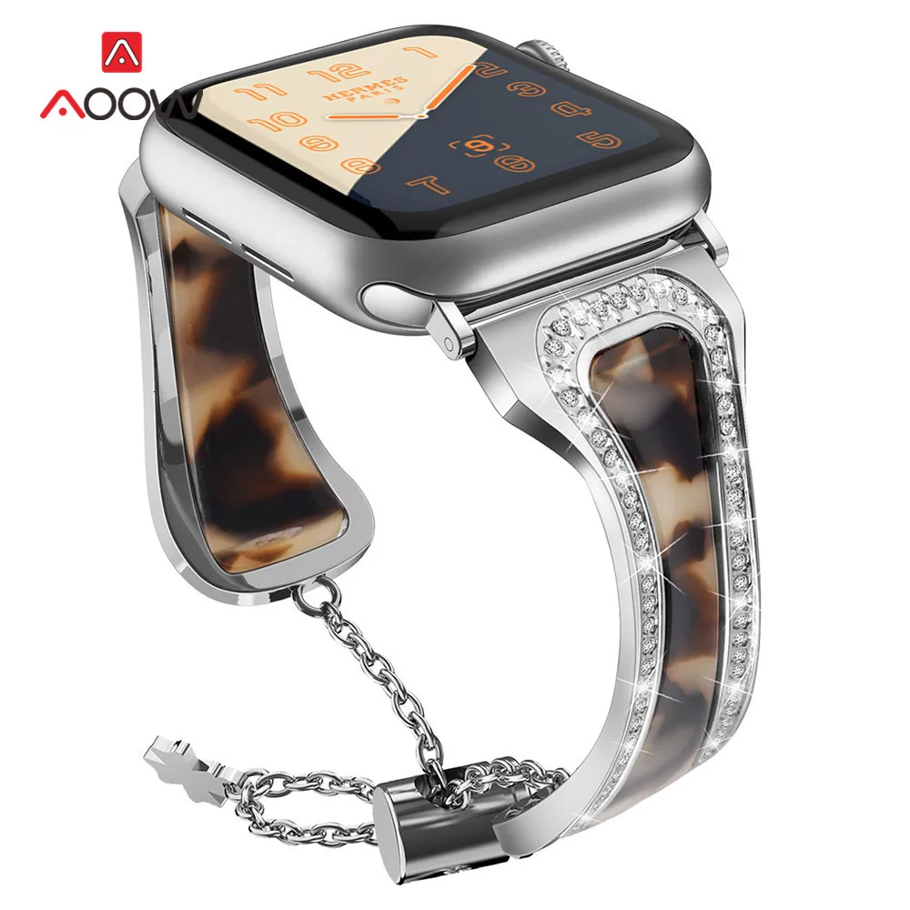 Регулируемый ремешок из смолы с цепочкой для часов Apple Watch 4, 5, 38 мм, 42 мм, 40 мм, 44 мм, женский ювелирный браслет, ремешок для iWatch 123