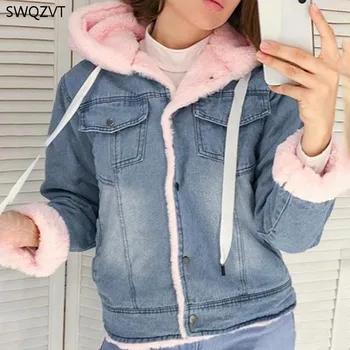 

SWQZVT Hot Sale Women Denim Jacket Loose Winter Warm Wool Hooded Jacket Women Parkas 2020 Winter Coat Women Tops