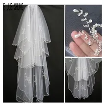 E JUE SHUNG короткая свадебная фата с бисером по краям для невесты, двухслойная Фата для невесты, свадебные аксессуары, свадебная фата