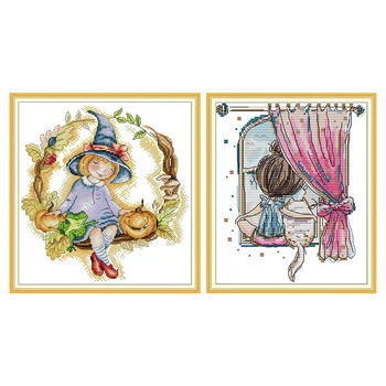

Magic Little Girl Patterns DIY Needlework Sets 14ct Printed Canvas 11ct Little Girl and Fat Cat Cross Stitch Sets Embroidery Kit