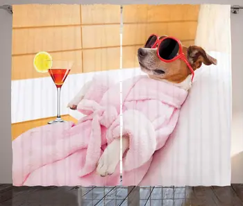 

Multicolor Funny Curtains Jack Russel Dog Relaxing Wellness Centre Drinking Her Martini Cocktail Lazy Living Room Window Drapes