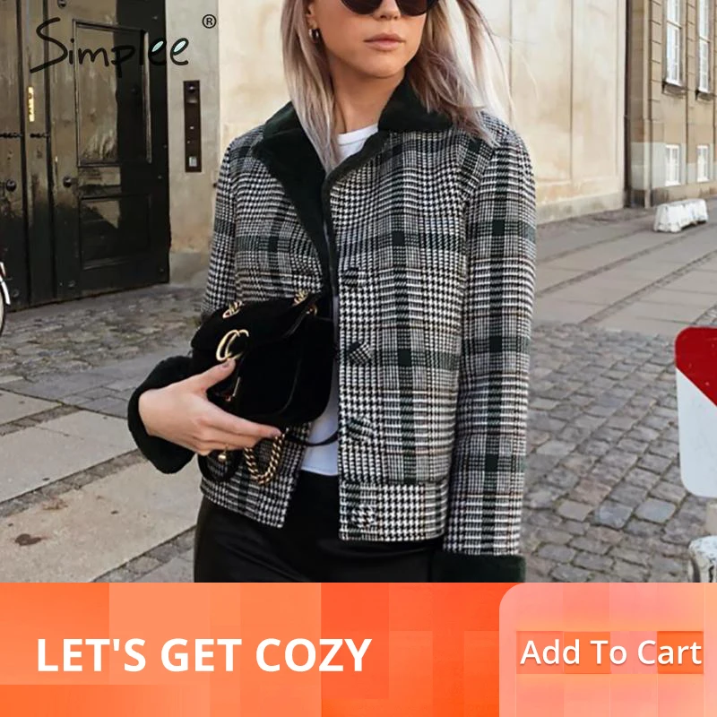 

Simplee Faux fur patchwork plaid coat women Autumn winter buttons furry female short jackets Chic streetwear ladies warm coats