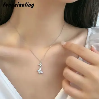 

Fengxiaoling New Exquisite Shell Pendant Necklaces For Women 100% 925 Sterling Silver Butterfly Statement Necklace Jewelry
