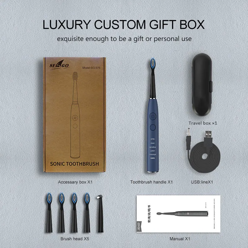 Seago Electric Toothbrush SG-575 Sonic Clean Teeth 5 Clean Modes USB Recharageable 4 Replacement Brush Heads + 1 Indental Brush Seago Electric Toothbrush SG-575 Sonic Clean Teeth 5 Clean Modes USB Recharageable 4 Replacement Brush Heads + 1 Indental Brush