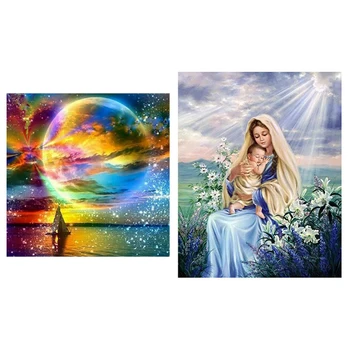

2 Set 5D Diy Diamond Painting Cross Stitch Embroidery Kit Art Decor-Colorful Light Planet & Virgin Mary Child