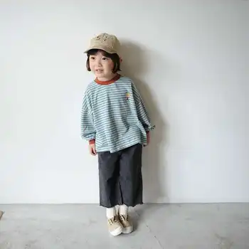 

Autumn 2020 Korean version of children's cotton contrast collar striped long-sleeved t-shirt girls printed round neck casual