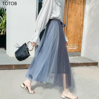 

2020 new skirt women's spring high waist medium long mesh color matching skirt pleated skirt A-line skirt big swing skirt
