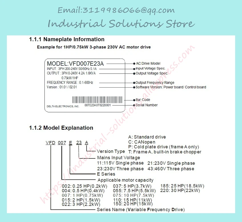 Вход 3ph 380 В выход 3ph Инвертор серии E VFD007E43A 0~ 480 В 2.5A 0,1~ 600 Гц VFD-E 0,75 кВт 1HP