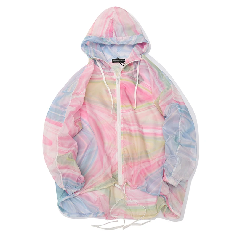 

Rainbow Print Thin Hooded Jacket Man/Women Long Sleeve Summer Sunscreen Jacket Outwear Big Size Casual Loose Zipper Jacket