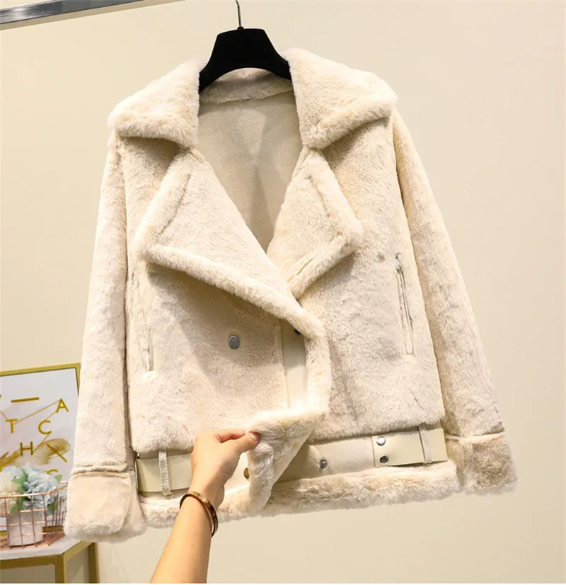 Женское зимнее утепленное пальто из кроличьей шерсти корейское Модное теплое пальто с длинными рукавами женская верхняя одежда однотонная одежда больших размеров