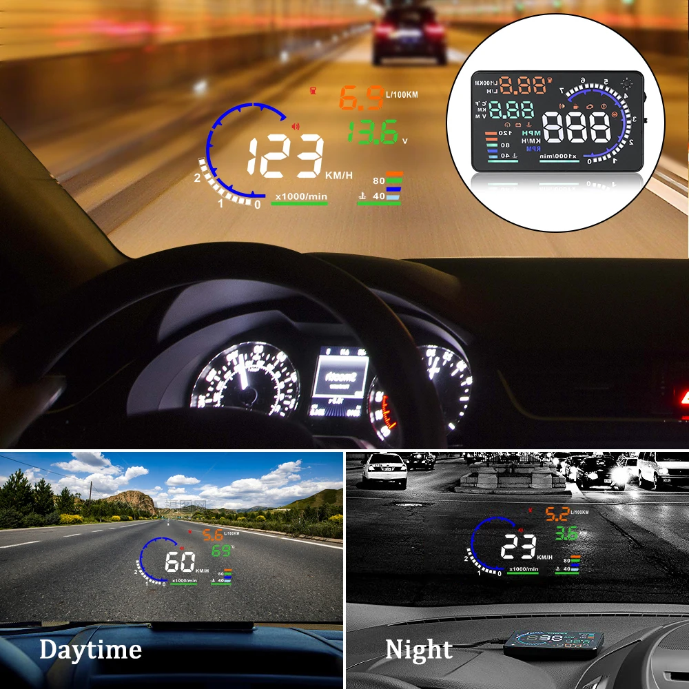 Obd2 Hud Автомобильный дисплей 5," светодиодный проектор лобового стекла Obd сканер скорости топлива Предупреждение сигнал тревоги данные диагностический инструмент