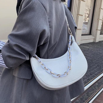 

Half Moon PU Leather Crossbody Bags For Women 2020 Chain Design Stone Pattern Shoulder Handbags Female Small Summer Bag