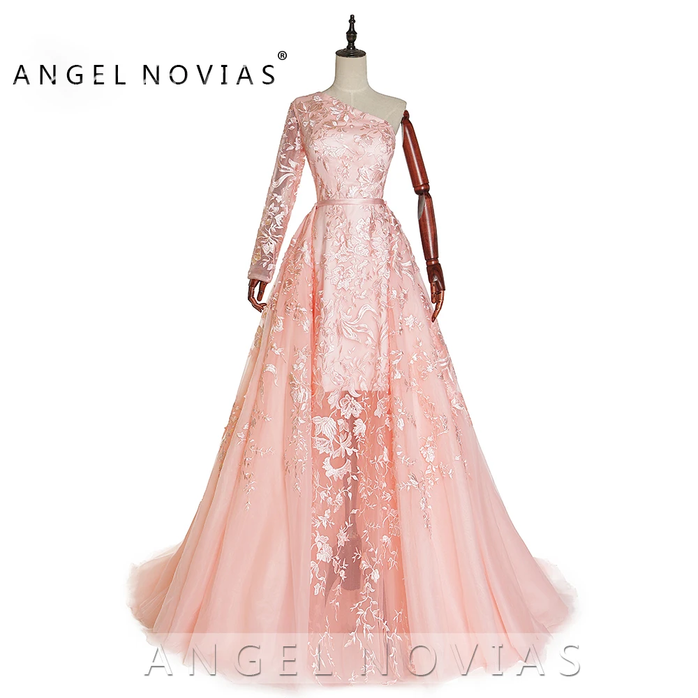 ANGEL NOVIAS длинные женские арабские на одно плечо Abendkleider русалка розовые кружевные вечерние платья со съемной верхней юбкой
